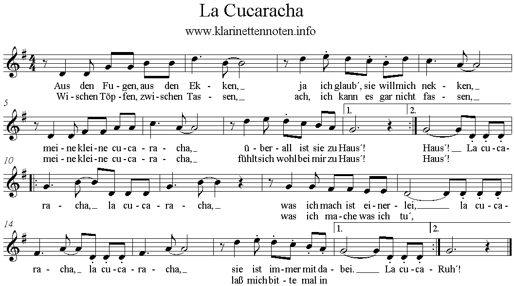 La Cucaracha, G-Dur, G-Major, Clarinet, Klarinette